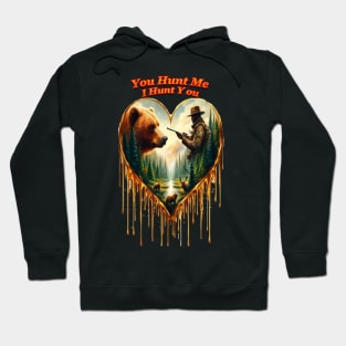 Heart-Shaped Artwork Depicting the Relationship Between Hunter, Bear, and Deer in a Forest Setting Hoodie